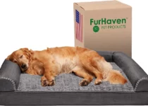 Furhaven Dog Beds for Large Dogs Removable Bolsters & Washable Cover - Luxe Faux Fur & Performance Linen Sofa - Charcoal, Jumbo/XL