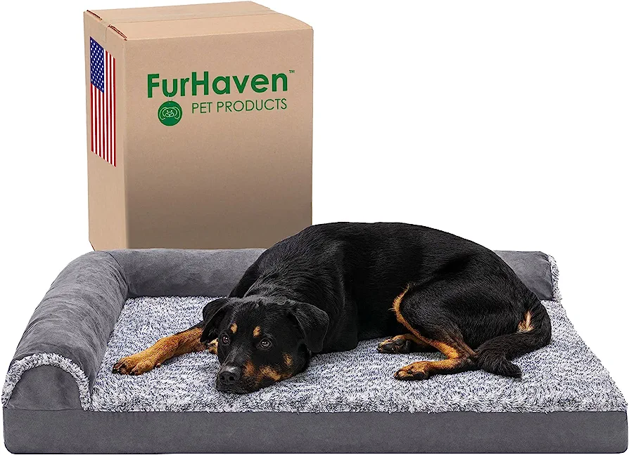 Furhaven XL Orthopedic Dog Bed Two-Tone Faux Fur & Suede L Shaped Chaise with Removable Washable Cover